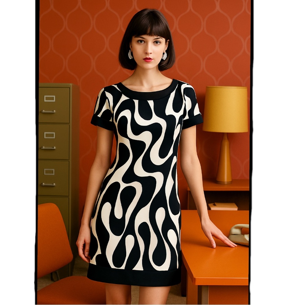 Ann Taylor Silk Mod Blue White‎ Swirl Retro Office Workwear Shift Dress Size 12